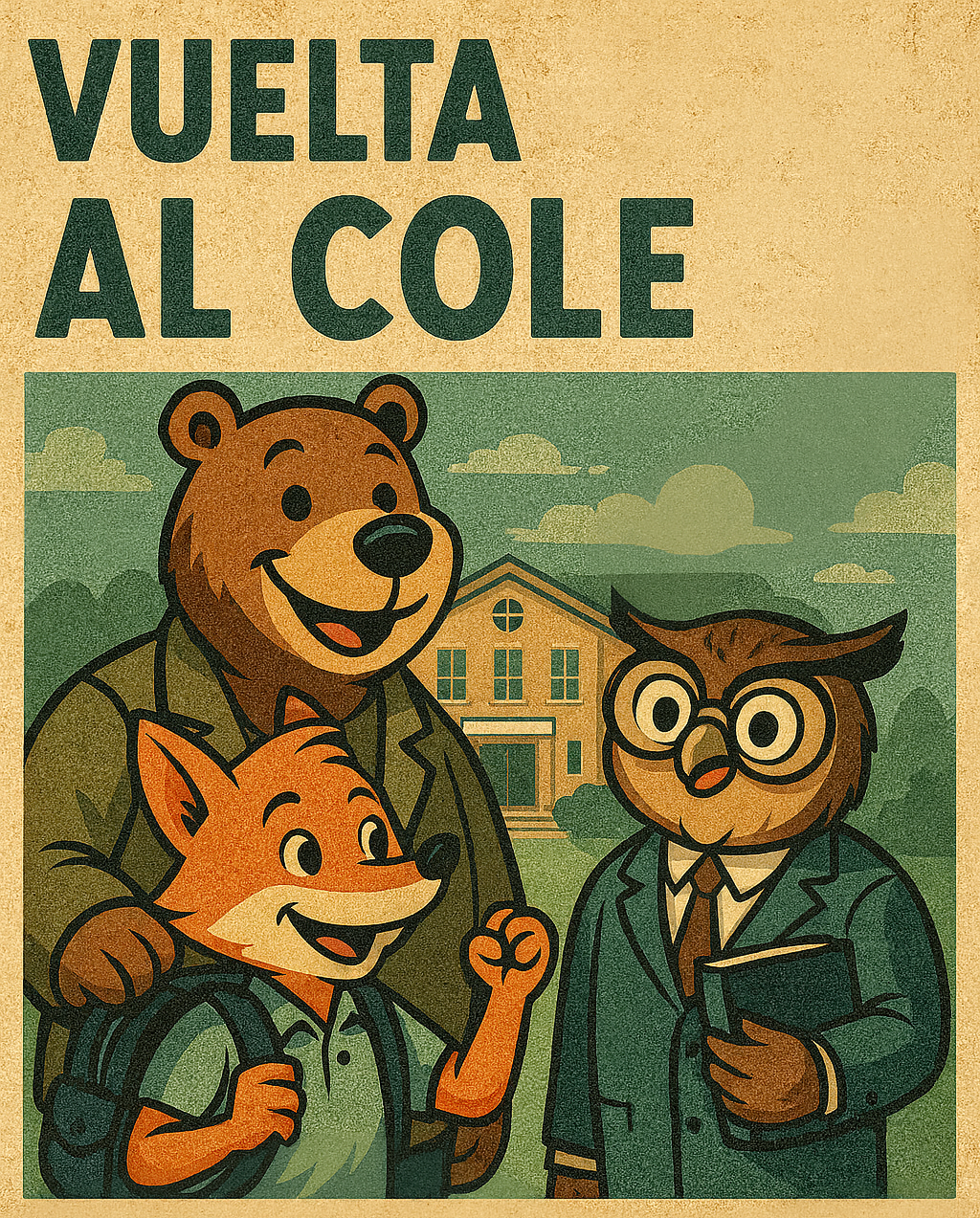 Ilustración estilo vintage con zorro estudiante, oso acompañante y búho docente frente al colegio; cartel “Vuelta al cole” y colores vintage.