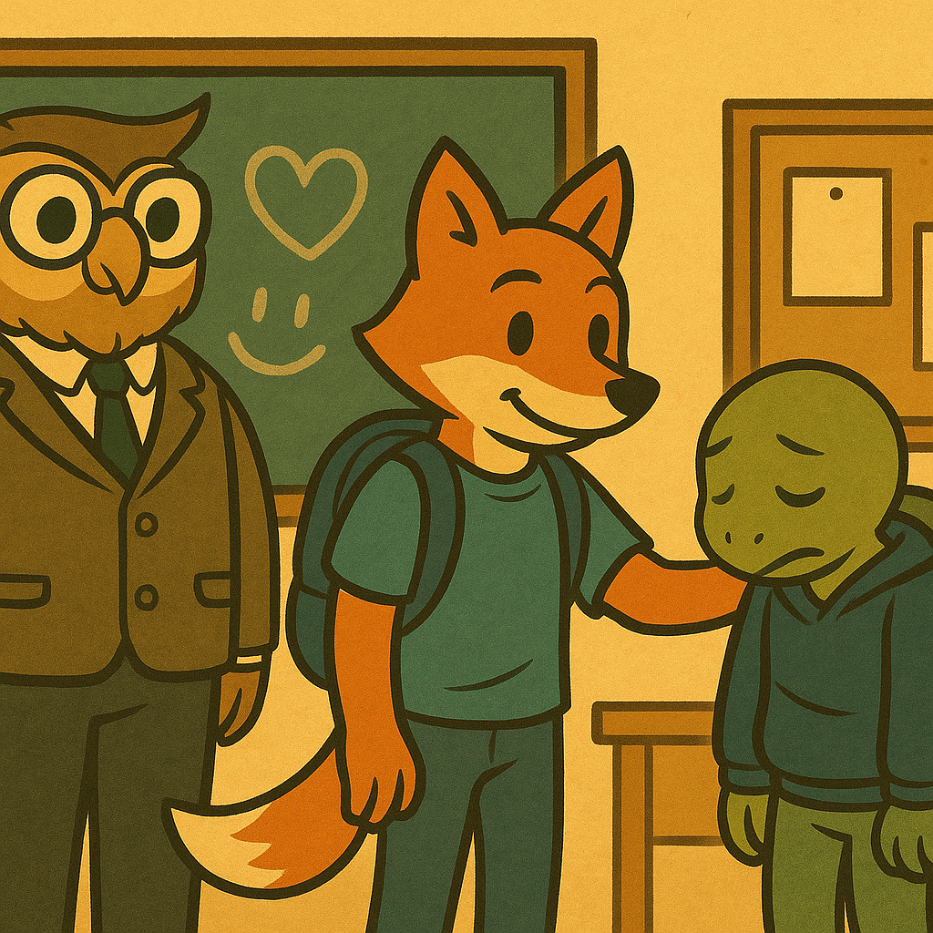 Profesor búho saludando a estudiantes animales antropomórficos al llegar al colegio, representando un clima escolar seguro y acogedor.