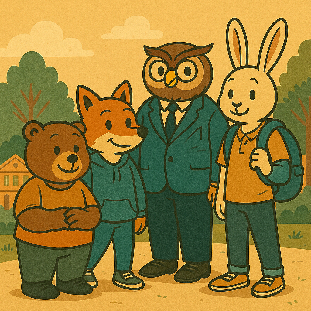 Varios animales antropomórficos representando una comunidad escolar cohesionada, simbolizando la importancia del bienestar y la motivación del alumnado.