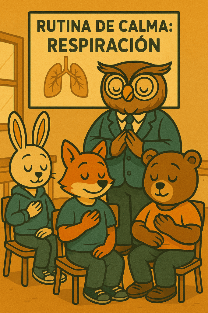 Grupo de estudiantes animales antropomórficos realizando una breve rutina de respiración guiada por un docente, simbolizando educación emocional y autorregulación.
