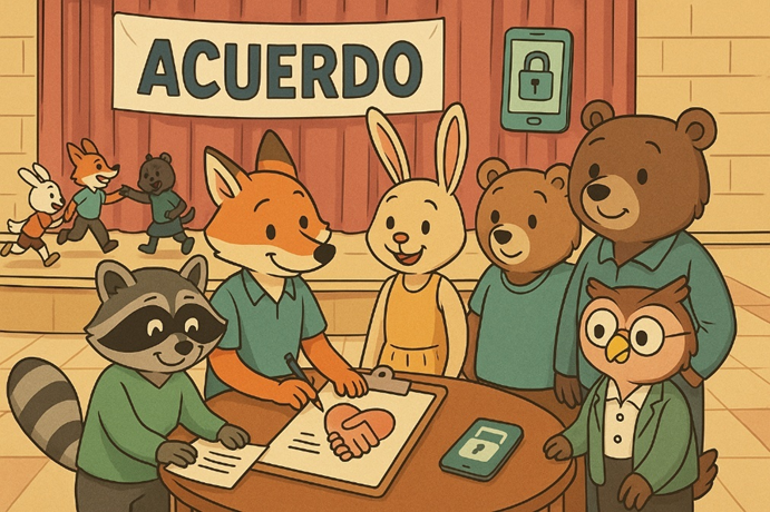 Reunión escolar con animales antropomorfos: zorro y mapache firman un acuerdo en una mesa, una coneja y dos osos asienten, y una profesora búho observa; detrás, cachorros juegan. En la pared, un móvil con icono de candado sugiere uso responsable.