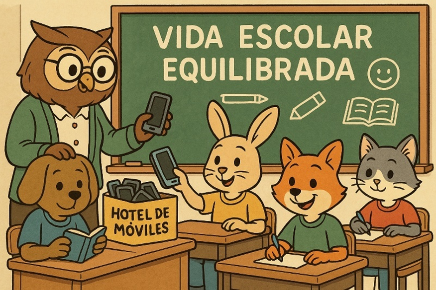 Aula con animales antropomorfos: una profesora búho recoge smartphones en una caja “Hotel de móviles” mientras un conejo entrega su teléfono y un zorro y un gato escriben concentrados; pizarra con “Vida escolar equilibrada”.
