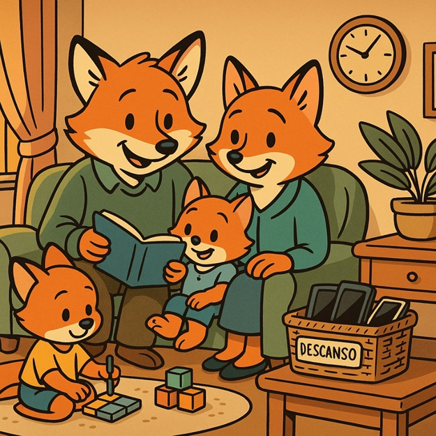 Ilustración de una familia con niños pequeños leyendo y jugando sin pantallas, con los móviles guardados, como representación del tiempo sin dispositivos en las primeras edades.