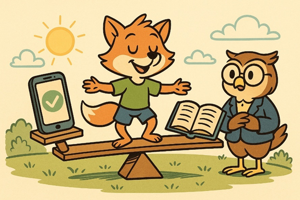 Animales antropomorfos en parque: un zorro juvenil equilibra un balancín con un smartphone en un extremo y un libro abierto en el otro; a un lado observa una profesora búho. Cielo despejado, colinas verdes y estilo de dibujos animados a color, formato 4:3.