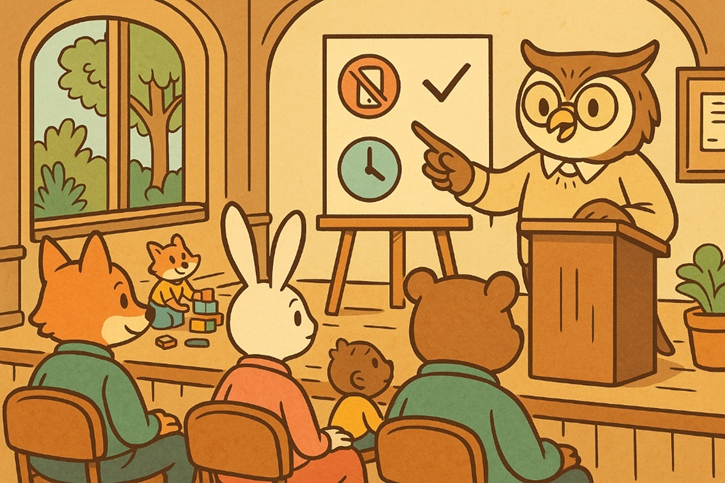 Auditorio con animales antropomorfos: una profesora búho explica un póster con pictogramas sencillos (móvil tachado y reloj) ante familias zorro, conejo y oso; al fondo, crías juegan con bloques.