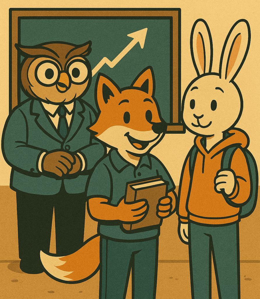 Tres estudiantes animales antropomórficos participando en una actividad escolar retro, simbolizando distintos perfiles de motivación académica.