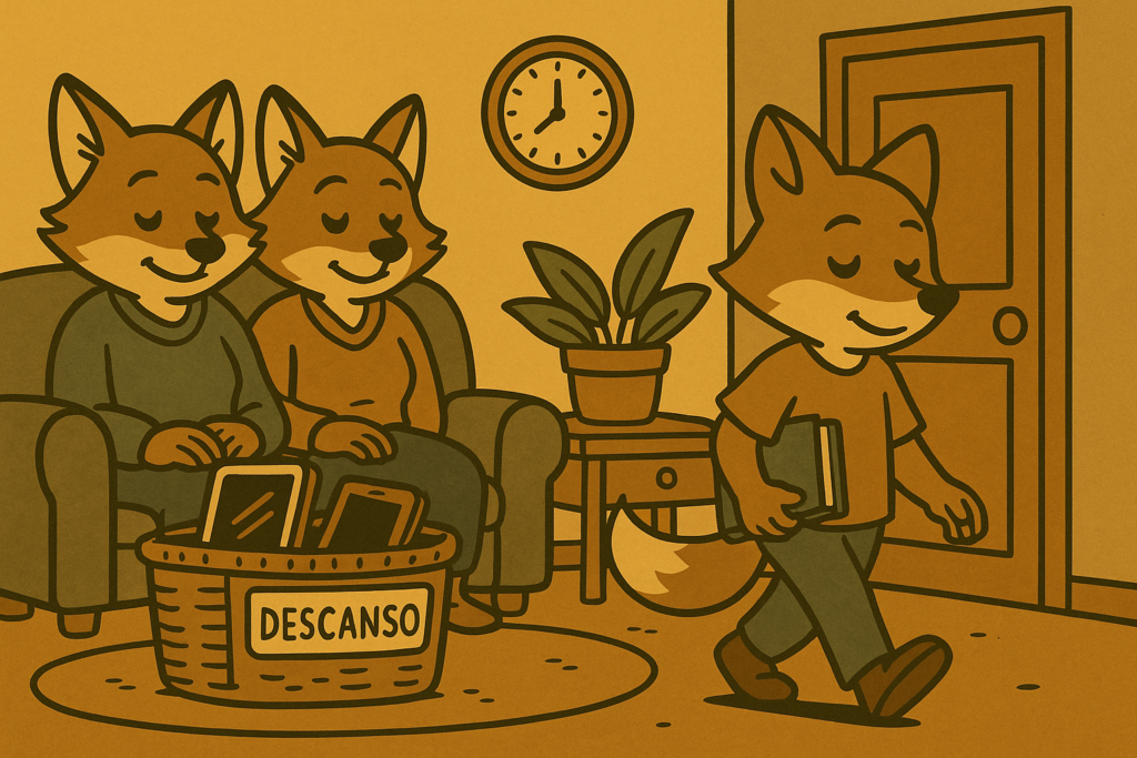 Ilustración de estilo retro que muestra a una familia de zorros preparando la noche: un adolescente deja su móvil en una cesta etiquetada “Descanso” mientras se dirige a su habitación con un libro, en un salón tranquilo con un reloj marcando una hora razonable.