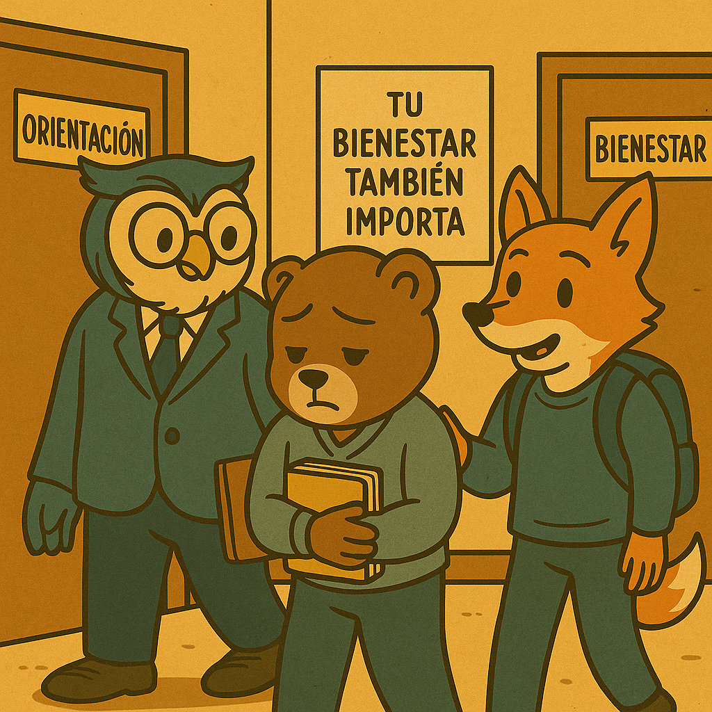 Un oso adolescente camina por el pasillo de un instituto con expresión de cansancio mientras sostiene sus libros. A su lado, un búho orientador y un zorro tutor lo acompañan de forma cercana y respetuosa. En las puertas del pasillo aparecen carteles de “Orientación” y “Bienestar”, reforzando la idea de apoyo emocional dentro del centro educativo.