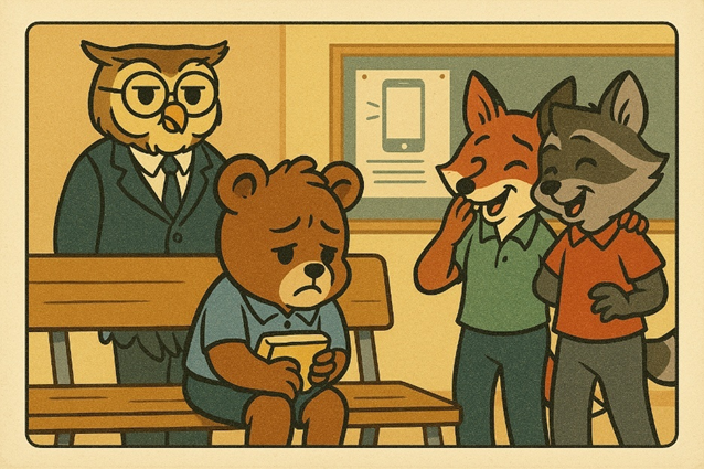 Ilustración tipo Fallout, 4:3, con animales antropomorfos en un aula: un osezno triste con cuaderno, un zorro y un mapache cuchichean a cierta distancia y un búho docente observa; composición centrada, bordes con margen.