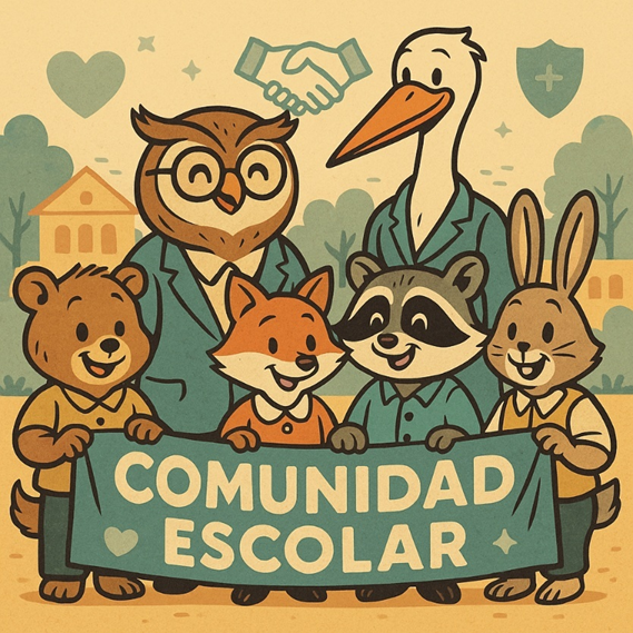 Cierre esperanzador: “Comunidad escolar unida” (versión animales) Ilustración 4:3 estilo Fallout con animales antropomorfos —búho docente, cigüeña madre y alumnado (oso, zorro, mapache, conejo)— sosteniendo una pancarta que dice “COMUNIDAD ESCOLAR”; iconos sutiles de corazón, apretón de manos y escudo; márgenes amplios.. Fin del acoso escolar