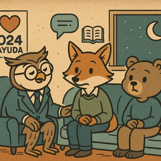 Apoyo y cuidado (salud mental, versión amable) Ilustración 4:3 estilo Fallout: búho terapeuta conversa con un zorro y un osezno en un sofá sobre acoso escolar; iconos discretos de bocadillo, libro y luna; póster “024 ayuda” al fondo; márgenes amplios.