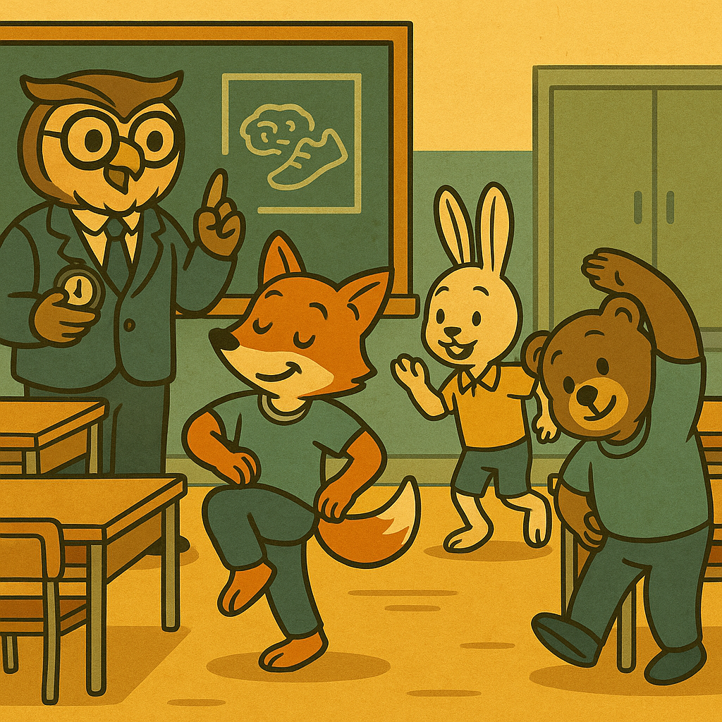 Ilustración estilo vintage de un aula donde un búho profesor guía una pausa activa mientras alumnos antropomorfos realizan estiramientos entre los pupitres.