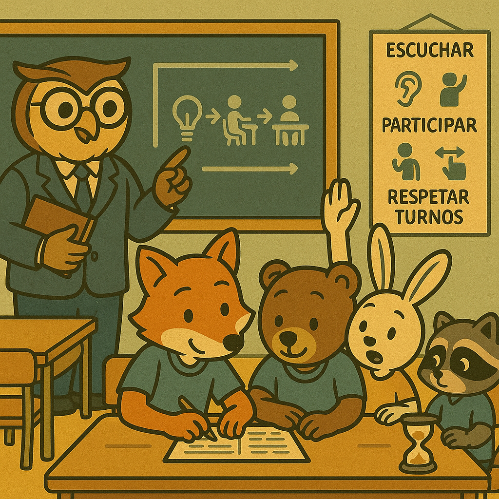 Aula ilustrada estilo vintage con un búho docente señalando la pizarra. Un plan de clase con iconos guía la actividad. Zorro y oso trabajan juntos, el conejo pregunta y un mapache usa un temporizador. Al fondo hay un cartel con normas básicas. La escena muestra una clase organizada para facilitar la concentración.