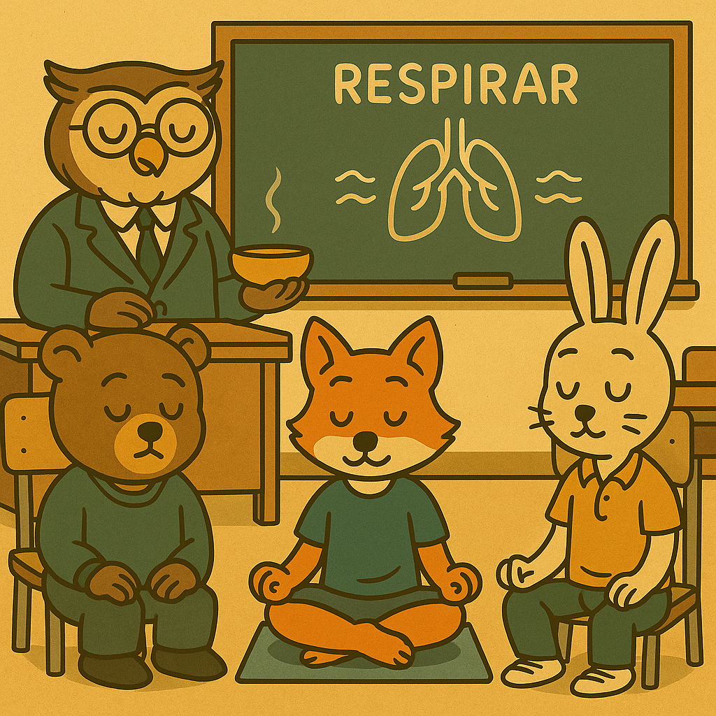 Ilustración estilo vintage con animales antropomórficos en un aula realizando un breve ejercicio de mindfulness. Un búho docente sostiene un cuenco mientras un oso, un zorro y un conejo practican respiración consciente sentados con los ojos cerrados. En la pizarra aparece la palabra “RESPIRAR” con un dibujo de pulmones y ondas.
